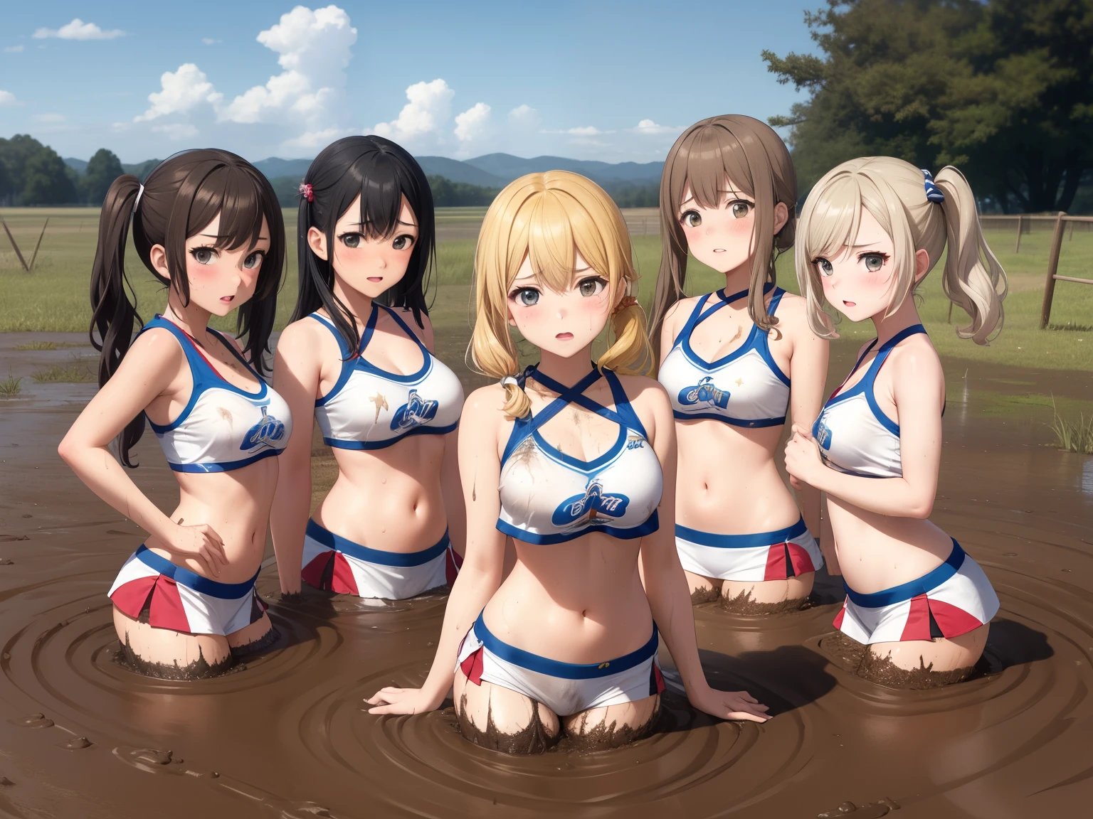 masterpiece, best quality, highly detailed, ultra high res, ayase arisa, 6girls, (mutiple girls:1.2), hair ornament, twintails, curly hair, side ponytail, glossy lips, cheerleader, school field, breasts, halter top, (upset), (sinking in mud), 6 girls sinking in mud