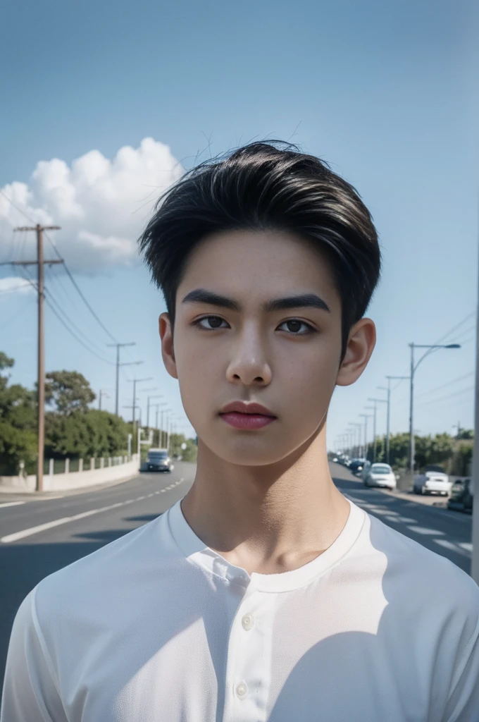 A young man in a shirt stood on the side of the road with a serious expression., looking into the distance,Eyebrows frowned.,He looked worried.,Turn your head slightly.,Cloudy day