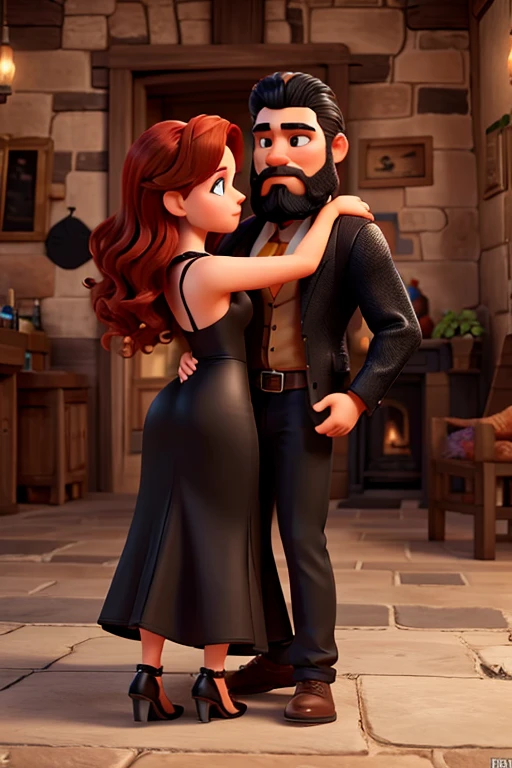 Hot redhead woman, spanish traits,wearing black dress, kissing a man with black hair and a black beard, him grabbing her ass
