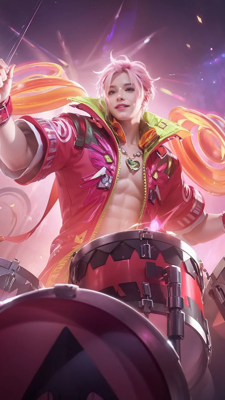 Portrait, beautiful mysterious man with pink hair and a pink dress, wearing a large heart-shaped necklace, hourglass figure, symmetrical figure, highly detailed face, beautiful face, calming blue eyes, lush pink lips, smiling, alluring, flirting with camera, stunning digital illustration, mysterious quantum environment, cosmic elements and ethereal atmosphere