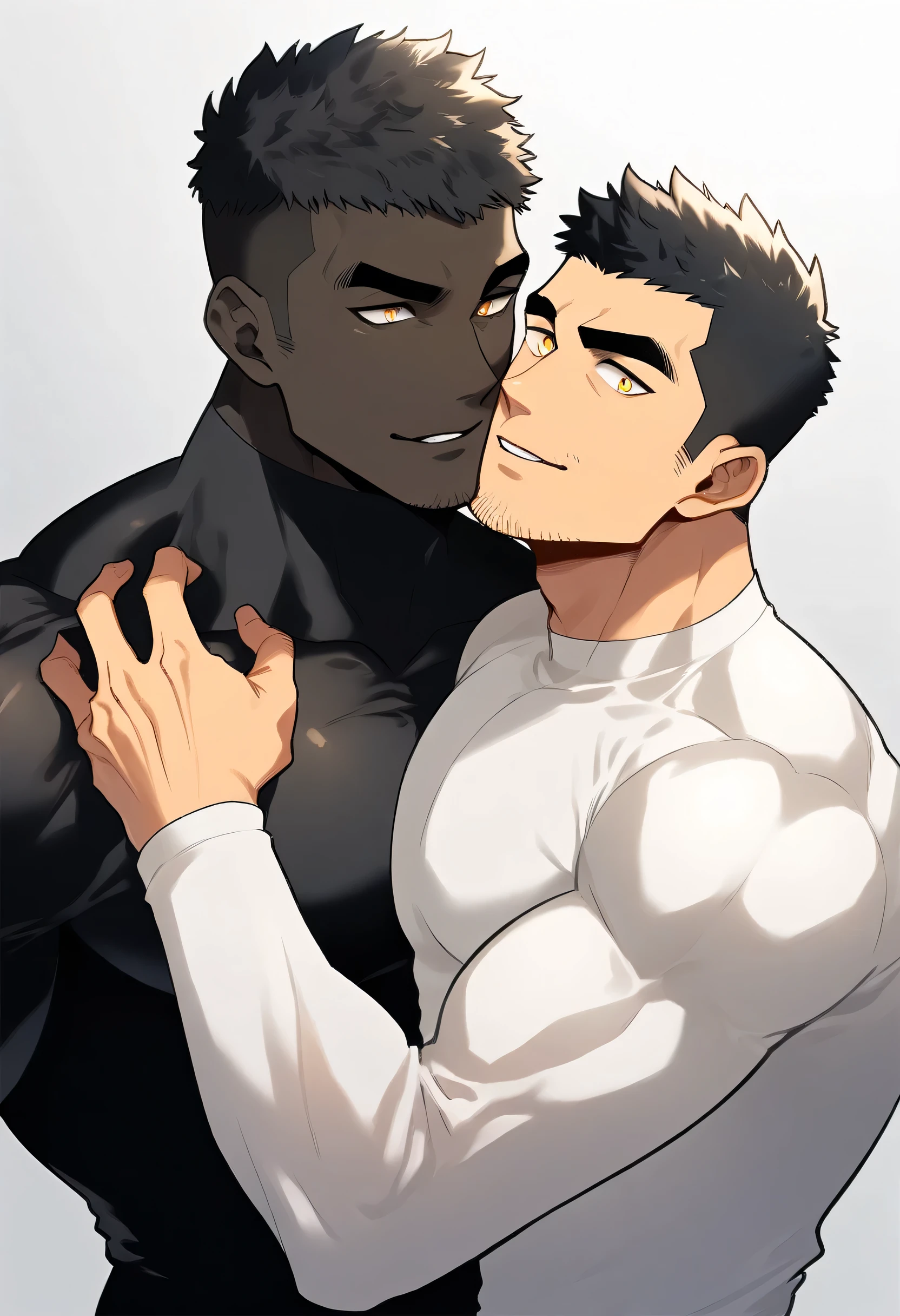 anime characters：Two superheroes in tights, Muscle superhero, ????? black skin, They hugged and kissed each other, Bite your neck, Caress, Manliness, male focus, Yellow and black high collar long sleeve tight T-shirt, Slightly transparent material, Very tight, Round, full and perky chest muscles, Male dog waist, Slightly transparent, muscular male, muscular, only, Upper body, alone, Black short hair, Thick eyebrows, stubble, Yellow eyes, Grey background, simple background, amazing quality, best aesthetics, Ridiculous, bright pupils, crew cut, parted lips, seductive smile, torogao, naughty face, drop shadow, best quality