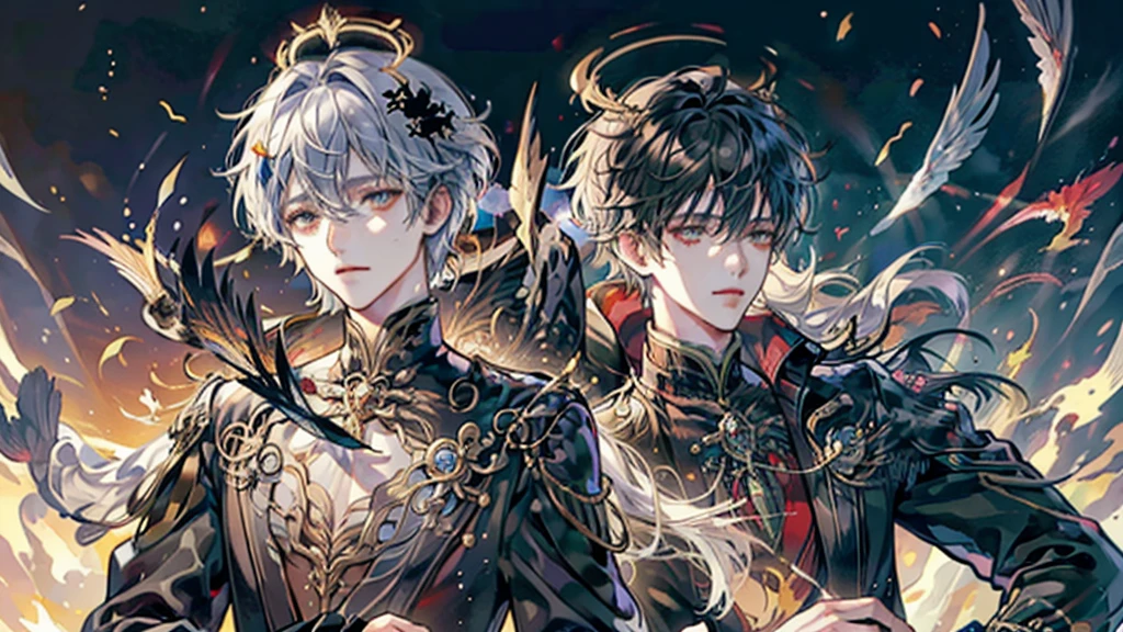 masterpiece,Highest quality,8K,Accurate lighting,male1人,male,Six-Winged Seraphim,Short, messy black hair,Futuristic fantasy court,Fantasy Future Jacket,With an open book,Floating Book,Shattered crimson floating halo