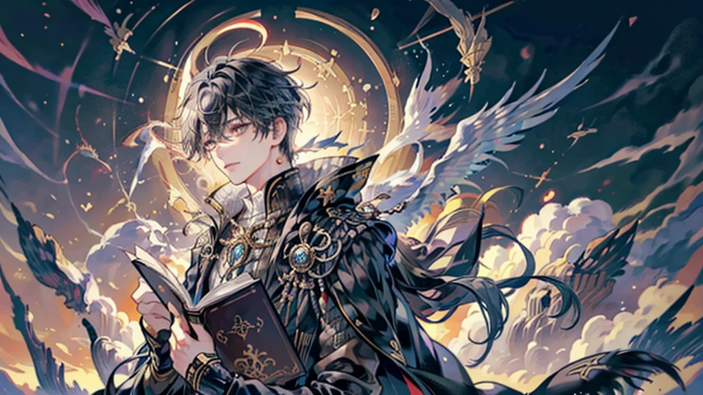 masterpiece,Highest quality,8K,Accurate lighting,male1人,male,Six-Winged Seraphim,Short, messy black hair,Futuristic fantasy court,Fantasy Future Jacket,With an open book,Floating Book,Shattered crimson floating halo
