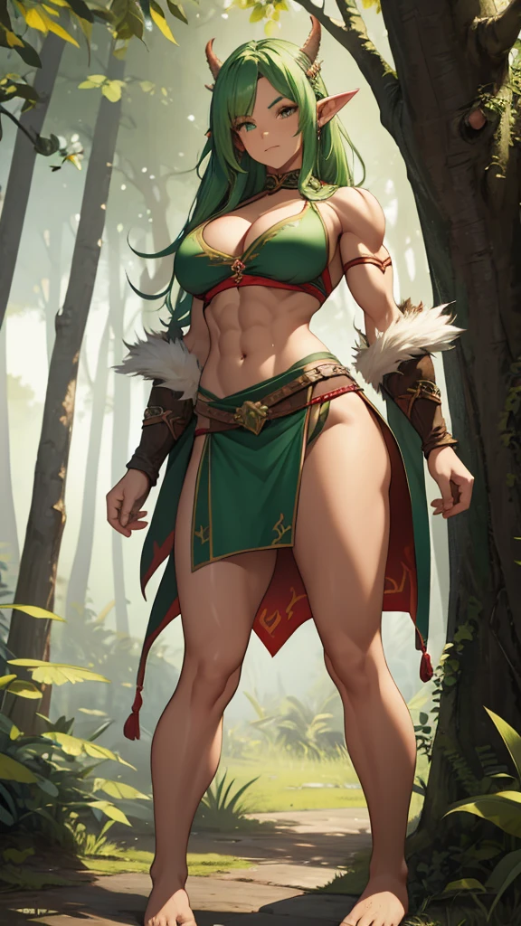 Green hair, red skinned, Pointed ears,， Busty female orc，muscle，Abdominal muscles，animal skin top，cleavage，animal skin skirt，，Bare Legs，barefoot，Standing，forest