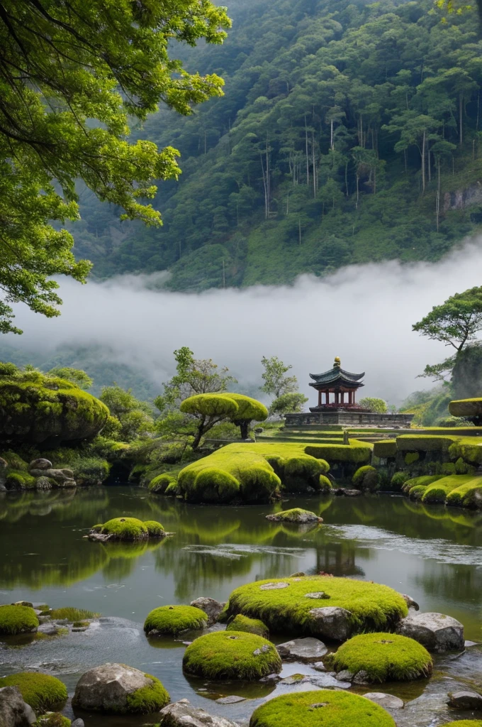Ancient temple on the mountain top。The temple is made of stone、It has been covered with moss for many years.。Surrounding mountains々is shrouded in mist、In the dim light, its figure emerges faintly。There is a quiet pond in front of the temple.、Lotus flowers bloom on the water surface。The sound of a bell can be heard faintly from afar.、There is a mystical and meditative atmosphere。