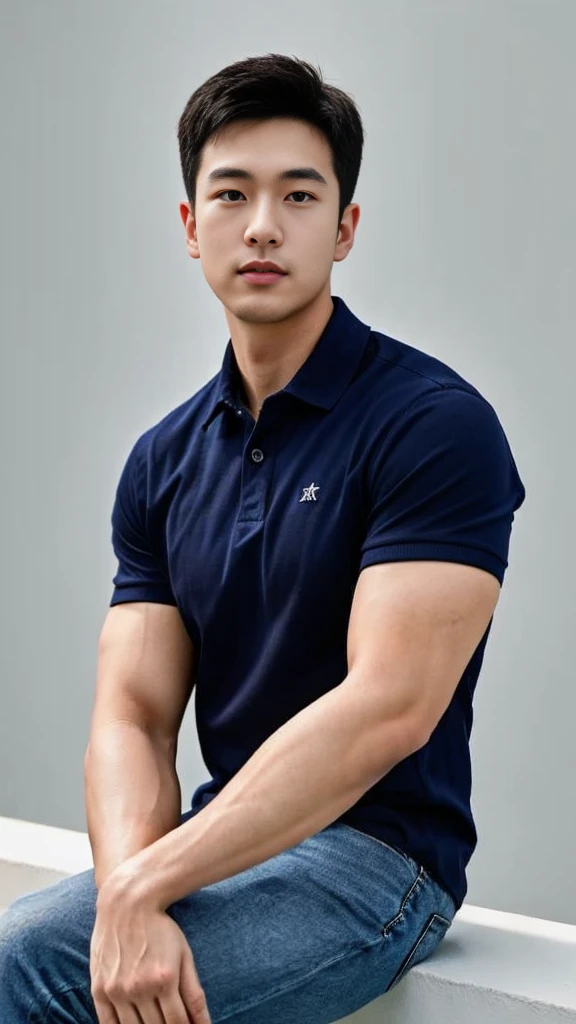 A male police officer in his 20s poses for a group photo....., Wear a navy blue polo shirt......................., high resolution, Masterpiece, best quality, head:1.3,, Smooth and fine skin, clear focus, (movie light), during the night, gentle light, Dynamic angle, [:(detailed face:1.2):0.2],(((exercise))), sport, His arm muscles were very big.........., hand in crotch.