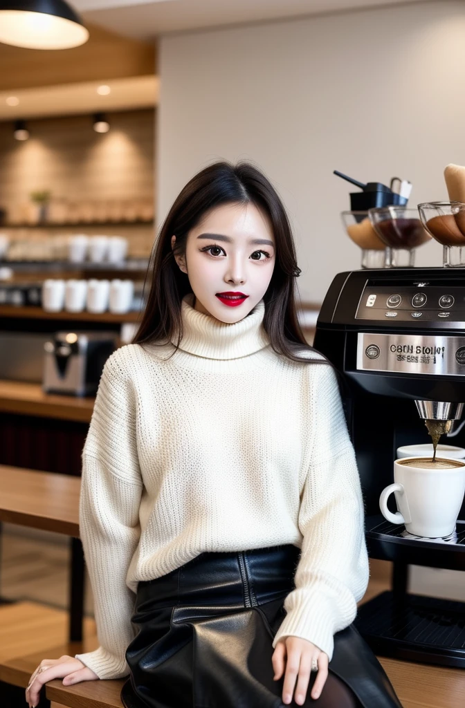 The picture shows a long-haired beauty sitting in a cafe。She was wearing a black coat，Wear a white turtleneck sweater and a black skirt，On the feet is a pair of black boots。Her hair is brown，Slightly curled and hanging on the shoulders。Her makeup is delicate，Especially the color of the lipstick is very eye-catching。Her eyes are a little blurry，Seems to be thinking about something。The cafe in the background is very stylishly decorated，Various decorations hanging on the wall，There is a coffee machine and other beverage utensils on the table。The whole picture gives people a quiet and elegant feeling。