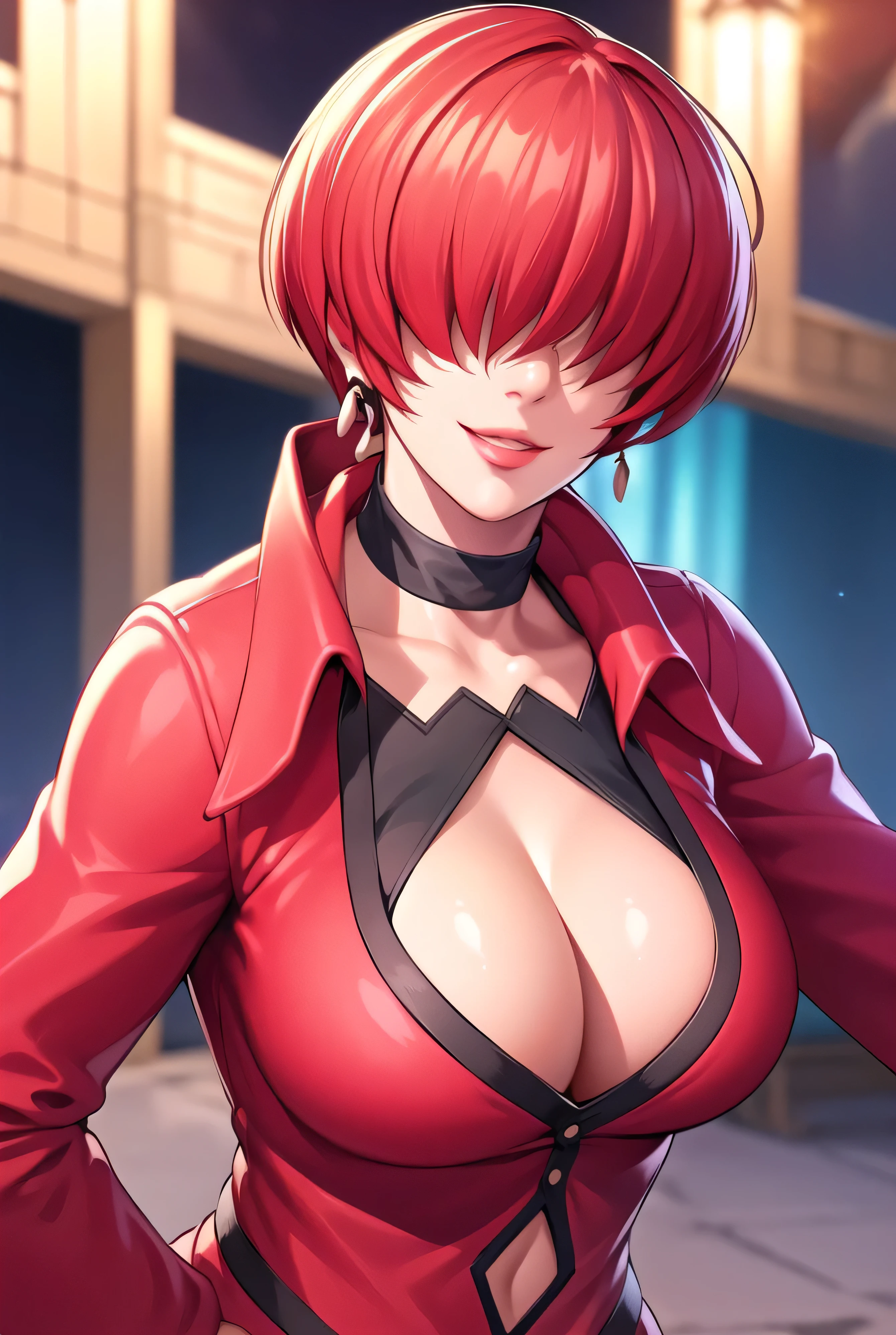 ,
Red outfit,Red jacket,choker, cleavage cutout, clothing cutout, 
earrings,
Red hair,bangs,((hair over eyes)),
1 girl, 20yo,Young female,Beautiful Finger,Beautiful long legs,Beautiful body,Beautiful Nose,Beautiful character design, evil face,
looking down at viewer,(Focus on her face),too evil_Smile,
official art,extremely detailed CG unity 8k wallpaper, perfect lighting,Colorful, Bright_Front_face_Lighting,shiny skin,
(masterpiece:1.0),(best_quality:1.0), ultra high res,4K,ultra-detailed,
photography, 8K, HDR, highres, absurdres:1.2, Kodak portra 400, film grain, blurry background, bokeh:1.2, lens flare, (vibrant_color:1.2),professional photograph,
(Beautiful,large_Breasts:1.4), (beautiful_face:1.5),(narrow_waist),conceit,smile worst,worst ridecule,evil moukery,hand on hip,upper body,two hand,