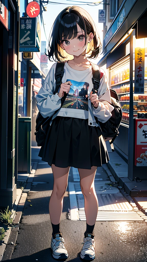 (8K, RAW Photos, 最high quality, masterpiece:1.2), high qualityのRAWカラー写真, Professional photo shoot, Cinematic Light, alone, (((young woman, Gal))), (Sharp features), (Small face), (Skin with attention to detail:1.2), clavicle, Cute face, Beautiful appearance, Long eyelashes,Girl Turning Around, smile, (Black Hair, Long straight line), Jersey, Shorts, sneakers, Backpack, Night Park, Confident attitude, Capture the happy moment, Artistic painting,Attractive thighs, (A very fine touch:1.2), (はにかんだsmile), Peaceful atmosphere, Oil painting style, Bright colors, (Are standing:1.5, Inside a convenience store, Full body portrait), Smooth texture, Gazing Eyes, Beautiful Skin, Shiny skin, ((Perfect Fingers, Five Fingers, Anatomically correct)), Background Blur, high quality, Surreal, ((Very detailed, photo shoot)),A large number of people、blush、plump