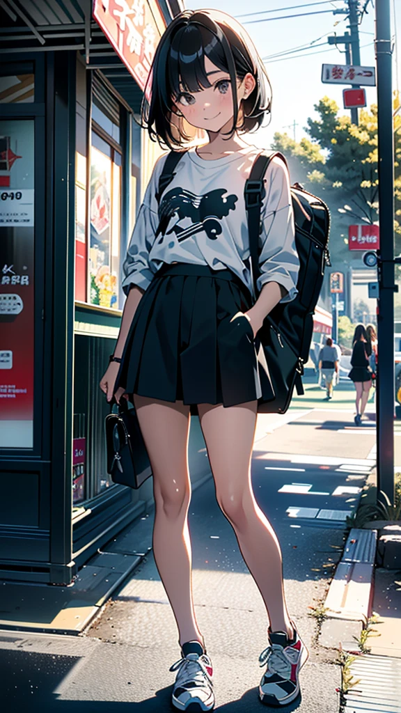 (8K, RAW Photos, 最high quality, masterpiece:1.2), high qualityのRAWカラー写真, Professional photo shoot, Cinematic Light, alone, (((young woman, Gal))), (Sharp features), (Small face), (Skin with attention to detail:1.2), clavicle, Cute face, Beautiful appearance, Long eyelashes,Girl Turning Around, smile, (Black Hair, Long straight line), Jersey, Shorts, sneakers, Backpack, Night Park, Confident attitude, Capture the happy moment, Artistic painting,Attractive thighs, (A very fine touch:1.2), (はにかんだsmile), Peaceful atmosphere, Oil painting style, Bright colors, (Are standing:1.5, Inside a convenience store, Full body portrait), Smooth texture, Gazing Eyes, Beautiful Skin, Shiny skin, ((Perfect Fingers, Five Fingers, Anatomically correct)), Background Blur, high quality, Surreal, ((Very detailed, photo shoot)),A large number of people、blush、plump