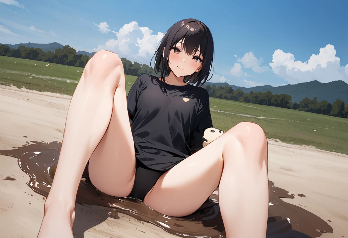 shoot from below、One person、tideland、blue sky、Black T-shirt、Black Swimsuit、Short black hair、Thighs、Girl、Girl、Short、Younger、Lower school year、Baby Face、Both eyes open、flat chest、refreshing、smile、Innocence、Dynamic Angle、Beach、My feet are covered in mud、There's a little bit of mud on my face、sunlight、masterpiece、best quality、ultra-detail、Seaside、Sandy Beach、Sweat、event