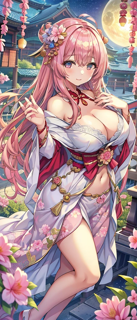 Masterpiece、Highest quality、Super detailed、1 girl、Light pink hair、Fluffy and soft long hair、Starry eyes、Big Tits、Cleavage、Too big breasts、Heian period、Japanese fantasy、Wide open chest、Mysterious Lights、Light of the sun、smile、Lace cape、Belly button
