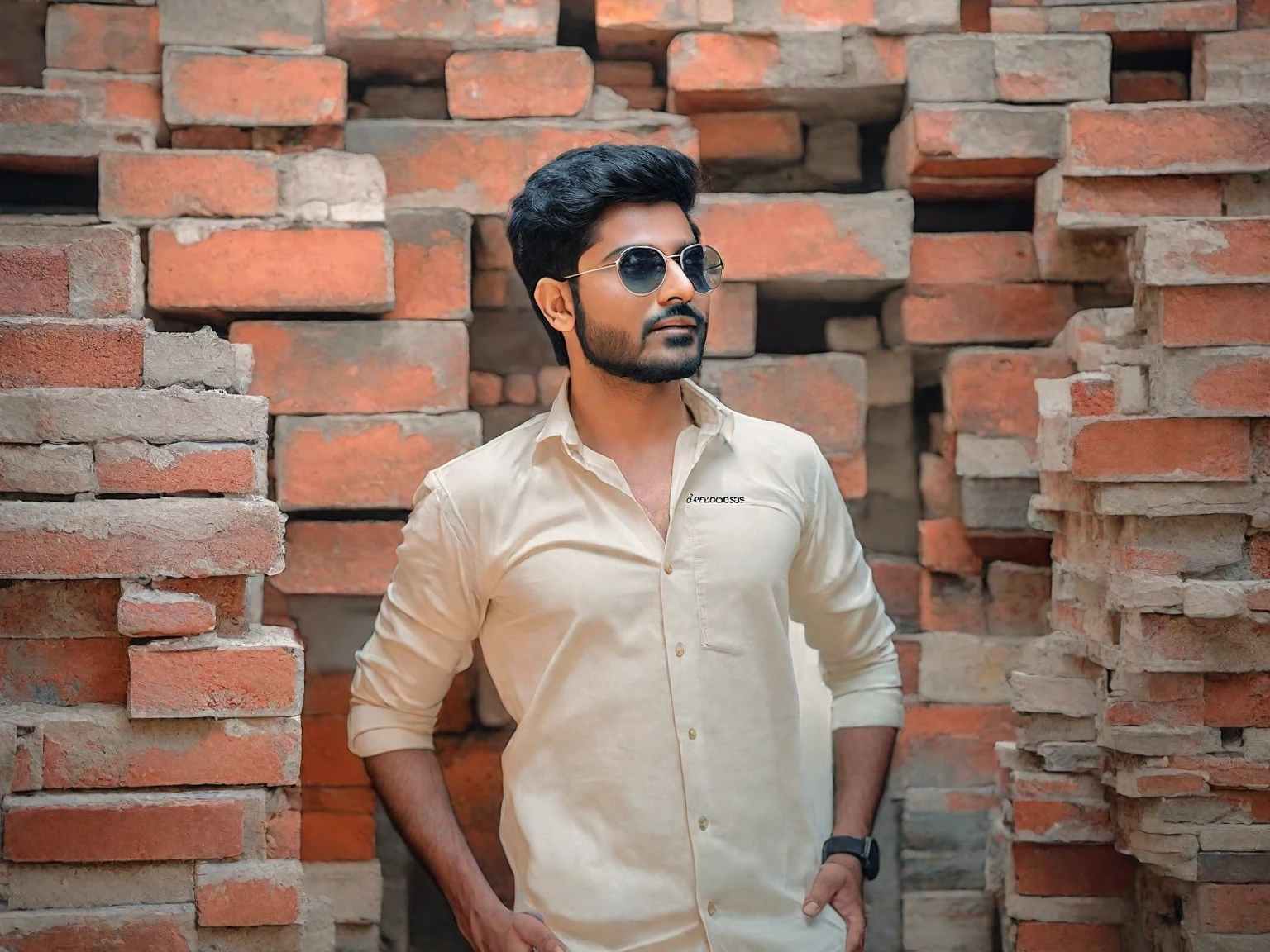 there is a man standing in front of a pile of bricks, jayison devadas style, jayison devadas, stylish pose, casual photography, * colour splash *, very artistic pose, candid picture, ayan nag, portrait shot 8 k, with lovely look, cool pose, portrait mode photo, shot on nikon z9, photography, with a cool pose, attractive pose