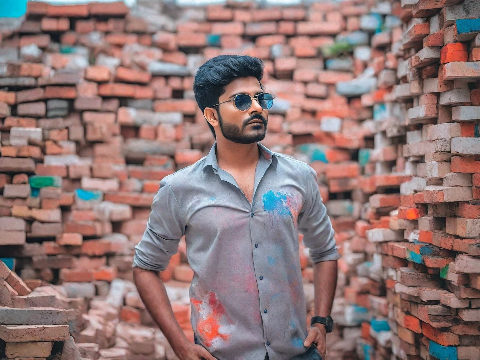 there is a man standing in front of a pile of bricks, jayison devadas style, jayison devadas, stylish pose, casual photography, * colour splash *, very artistic pose, candid picture, ayan nag, portrait shot 8 k, with lovely look, cool pose, portrait mode photo, shot on nikon z9, photography, with a cool pose, attractive pose