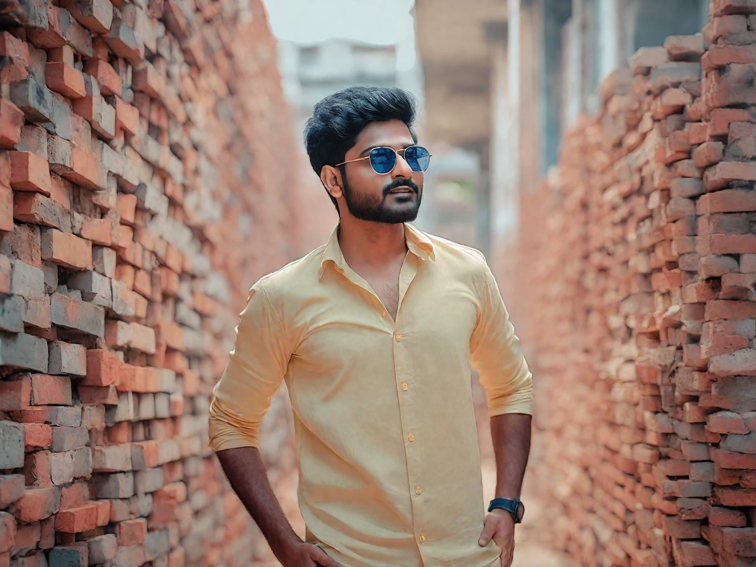 there is a man standing in front of a pile of bricks, jayison devadas style, jayison devadas, stylish pose, casual photography, * colour splash *, very artistic pose, candid picture, ayan nag, portrait shot 8 k, with lovely look, cool pose, portrait mode photo, shot on nikon z9, photography, with a cool pose, attractive pose