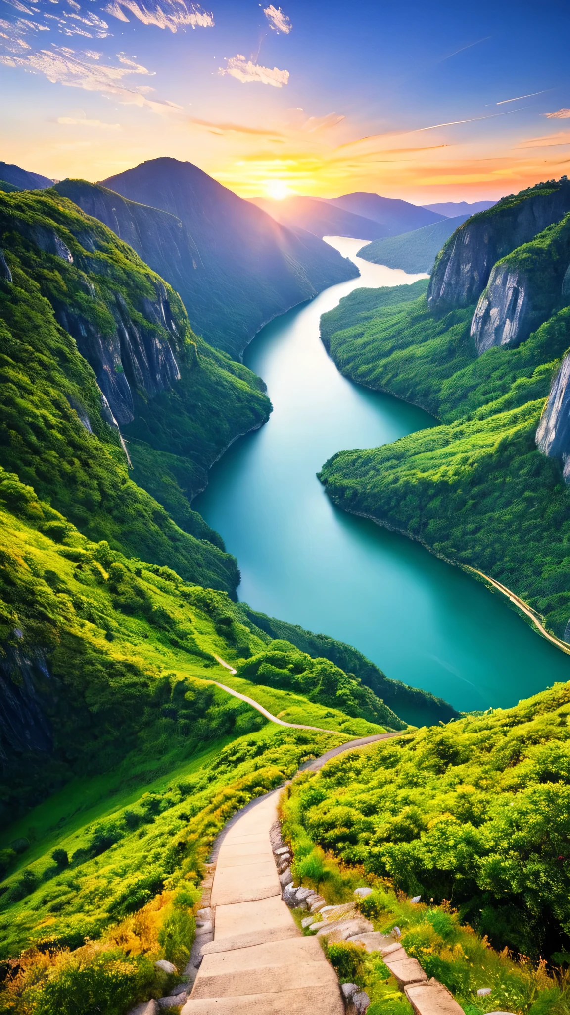 masterpiece, Ultimate quality, Cg unity 8k wallpaper, Ultra-delicate, Beautiful sky and clouds, Rich natural scenery, cliff, Lakes and rivers, Waterfalls and flying water, Beautiful green mountains, No one is seen, beautiful landscape, Won a photography competition, Background blur, Full depth, HDR High Dynamic Range, Real recovery, complex, Extreme details, Dramatic, Perfect presentation of the mid-course art style.