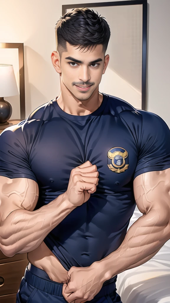 (handsome Man),(Thin mustache:1.1),(crew cut short hair:1.5),black eye,
(navy blue tight-fitting round neck short sleeve T-shirt:1.3),(Police badge:1.3),navy blue cargo pants,(navy_gloves:1,3),
Korean guy,chest muscles,large arm muscles,blood vessel,Big muscles,Broad shoulders,(open mouth:1.2),(face up:1.2),(open eyes:1.5),middle of the road,smile,(bedroom:1.4)
