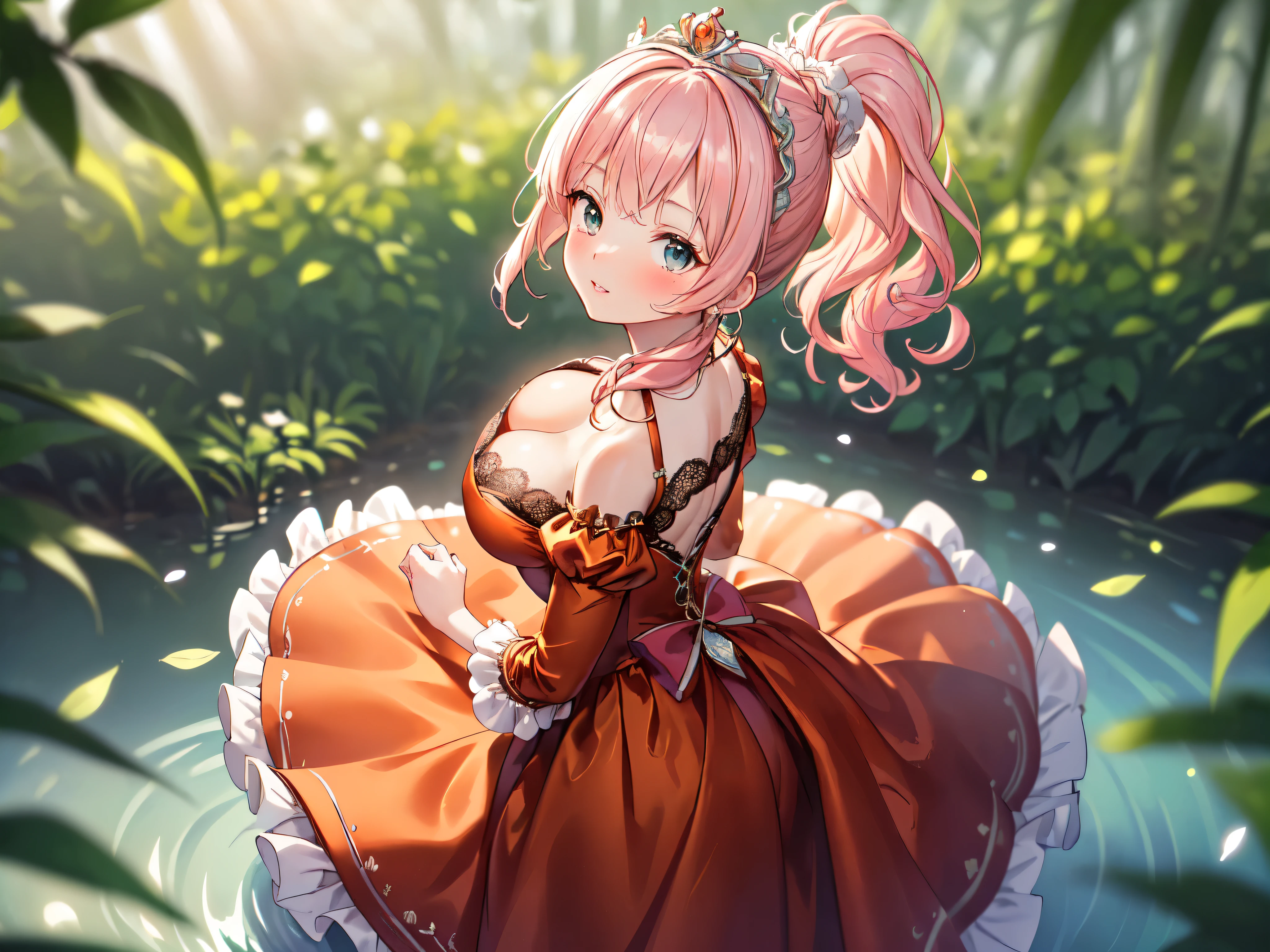 (((masterpiece))), (((best quality))), (((ultra detailed))), ((an extremely delicate and beautiful)), (unity 16k wallpaper), (Moe anime art style:1.3), 
BREAK 
(((solo princess young face))), (18 years old), (huge breasts cleavage focus), sweat on the chest, 
BREAK 
(ponytail pink fluffy hair:1.5), Curly Hair, (Expressive hair), (very voluminous long hair), Spreading hair, bangs, Beautiful tiara silver and jewels,,,,,,,,,,,,,,,,,,,,,,,,,,,,,,,,,,,,,,,,,,,,,,,,,,,,,,,,,,,,,,,,,,,,,,,,,,,,,,,,,,,,,,,,,,,,,,,,,,,,,,,,,,,,,, 
BREAK 
(super delicate and beautiful face:1.3), ((hyper detail delicate beautiful)), ((beautiful lips)), (face focus:1.1), beautiful smile,,,,,,,,,,,,,,,,,,,,,,,,,,,,,,,,,,,,,,,,,,,,,,,,,,,,,,,,,,,,,,,,,,,,,,,,,,,,
BREAK 
((Gorgeous rococo English gown dress in dark orange satin:1.3)),  ((with long hem and voluminous hoop skirt at full length)), ((and over skirt with plenty of frills and luxurious embroidery and precision lace fabric)), A gorgeous Rococo Marie Antoinette English gown dress with a long hem and voluminous full-length hoop skirt 　and over skirt with plenty of frills and luxurious embroidery and precision lace fabric,, BREAK 
((cowboy shot)), (straddling:1.2), (from side, from above, looking up, facing at viewer), (depth of field:1.9), (blurry background:1.2), (backlighting:1.3), (nature:1.3), (walking on water in forest), (light sparkles), light rays, (light leaks:1.3), 