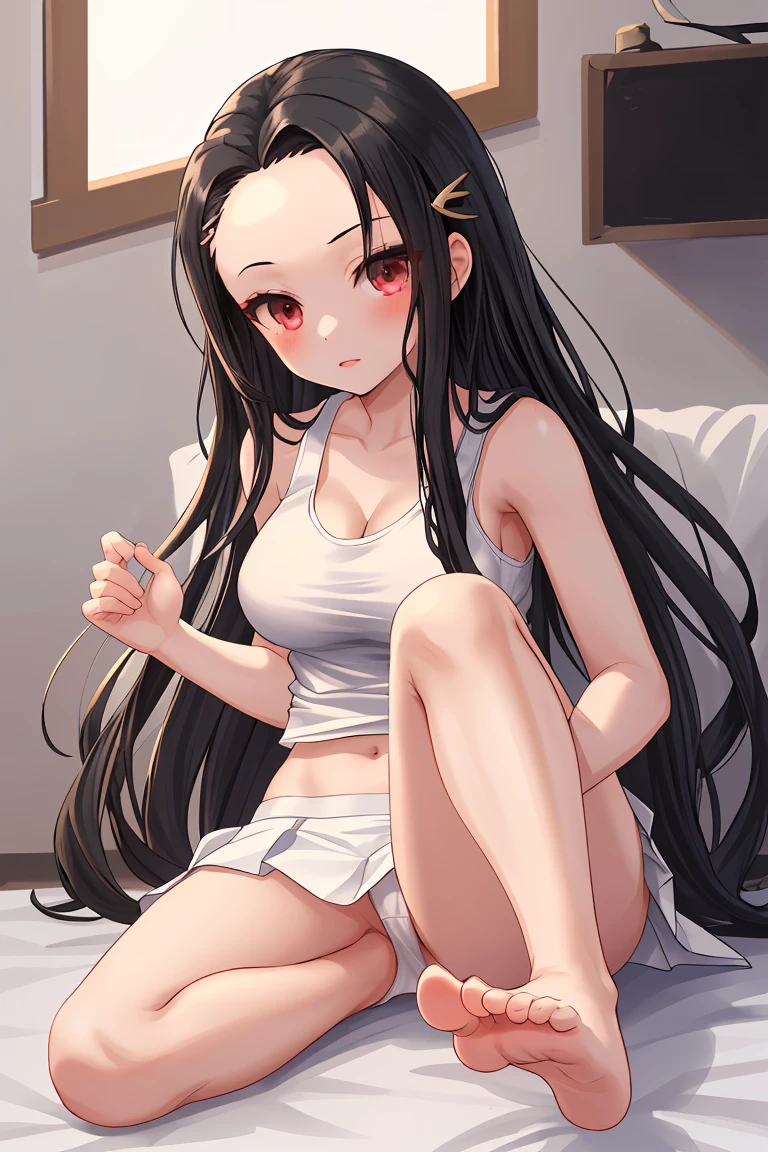 Black Hair Beautiful breasts beautiful girl Tank top mini skirt White panties Bite Beautiful feet hairpin Long Hair Forehead