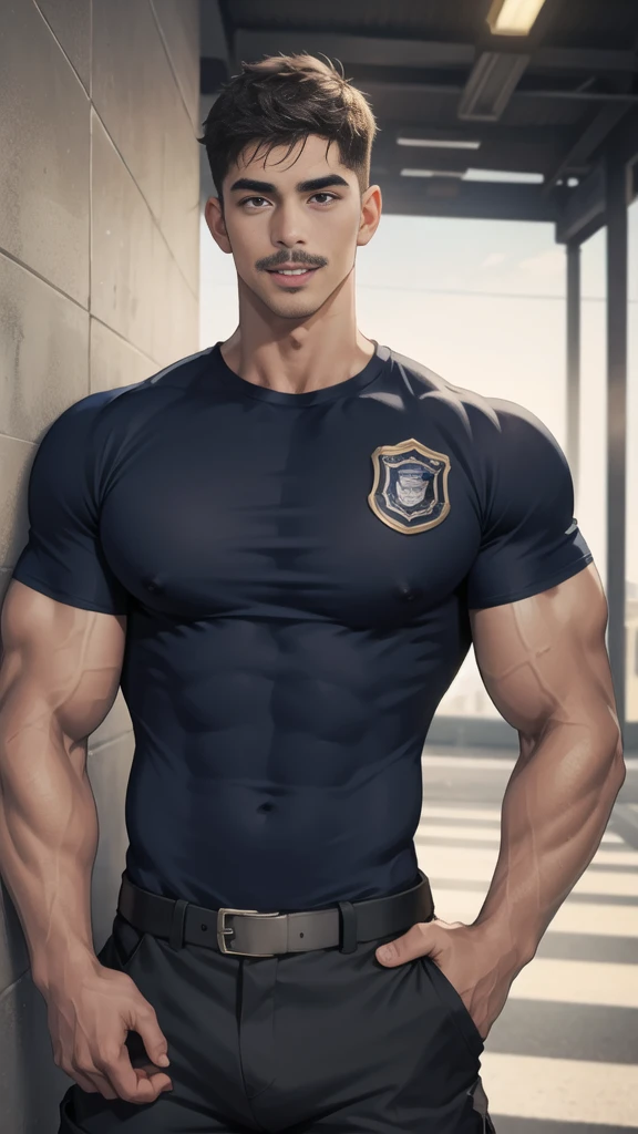 (handsome Man),(Thin mustache:1.1),(crew cut short hair:1.5),black eye,
(navy blue tight-fitting round neck short sleeve T-shirt:1.3),(Police badge:1.3),navy blue cargo pants,(navy_gloves:1,3),
Korean guy,chest muscles,large arm muscles,blood vessel,Big muscles,Broad shoulders,(open mouth:1.2),(face up:1.2),(open eyes:1.5),middle of the road,smile,(under town:1.4),