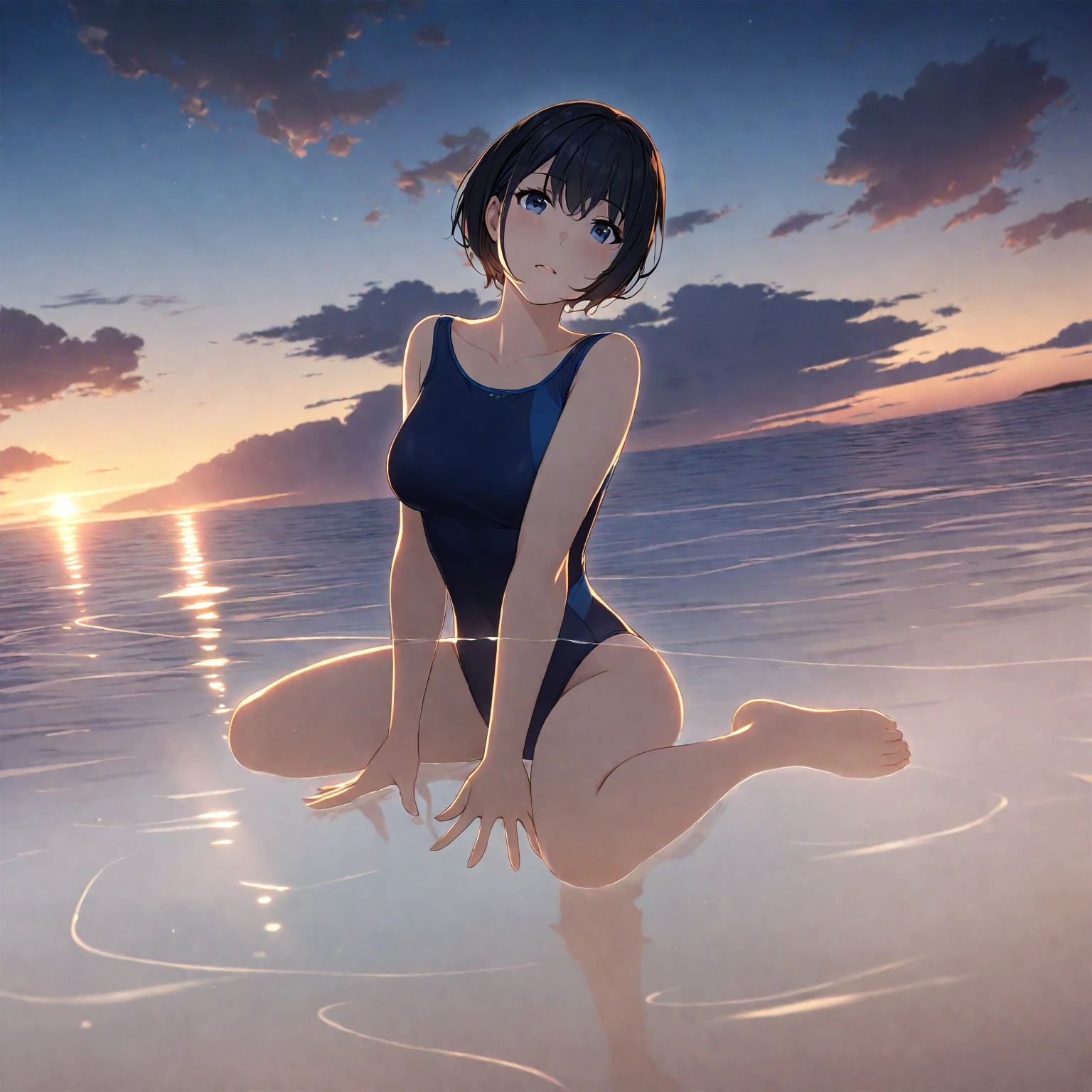 1girl、Black Hair、Navy blue swimsuit、Ocean、evening、Reflection on the water、deep faint light 、 detailed CG、high resolution