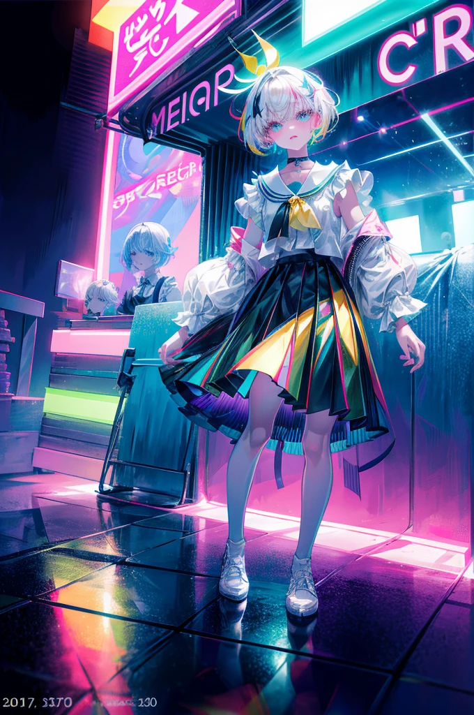 rainbows、Irridescent color、colourfull、top-quality、超A high resolution、(Photorealsitic:1.4)、Female 1 Person、Sleeveless white buttoned shirt、Black skirt、Black Choker、cute little、(Kpop Idle)、(attractiveness:1)、(Platinum Blonde Hair:1)、((Puffy eyes))、Look at the viewer、full body Esbian、Facing the front