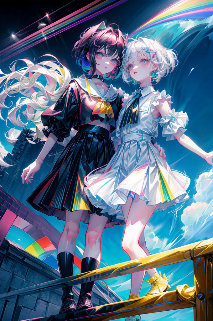 rainbows、Irridescent color、colourfull、top-quality、超A high resolution、(Photorealsitic:1.4)、Female 1 Person、Sleeveless white buttoned shirt、Black skirt、Black Choker、cute little、(Kpop Idle)、(attractiveness:1)、(Platinum Blonde Hair:1)、((Puffy eyes))、Look at the viewer、full body Esbian、Facing the front