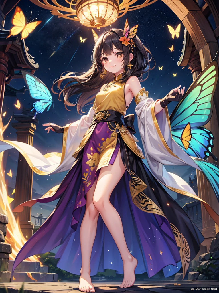 Top quality, official art, very detailed CG unity 8k wallpaper, (wide shot), one girl, (Miyu / Edelfeld), change, black hair, brown eyes, fascinating smile, browsing attention, Barefoot, see-through dress, butterfly, butterfly hair ornament, dress with open back, Chinese clothes, sleeveless, double van, gold dragon print, barefoot, see-through, elbow gloves , Hair van, hair ornaments, jewelry, earrings, bead ankle