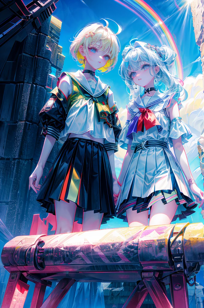rainbows、Irridescent color、colourfull、top-quality、超A high resolution、(Photorealsitic:1.4)、Female 1 Person、Sleeveless white buttoned shirt、Black skirt、Black Choker、cute little、(Kpop Idle)、(attractiveness:1)、(Platinum Blonde Hair:1)、((Puffy eyes))、Look at the viewer、full body Esbian、Facing the front
