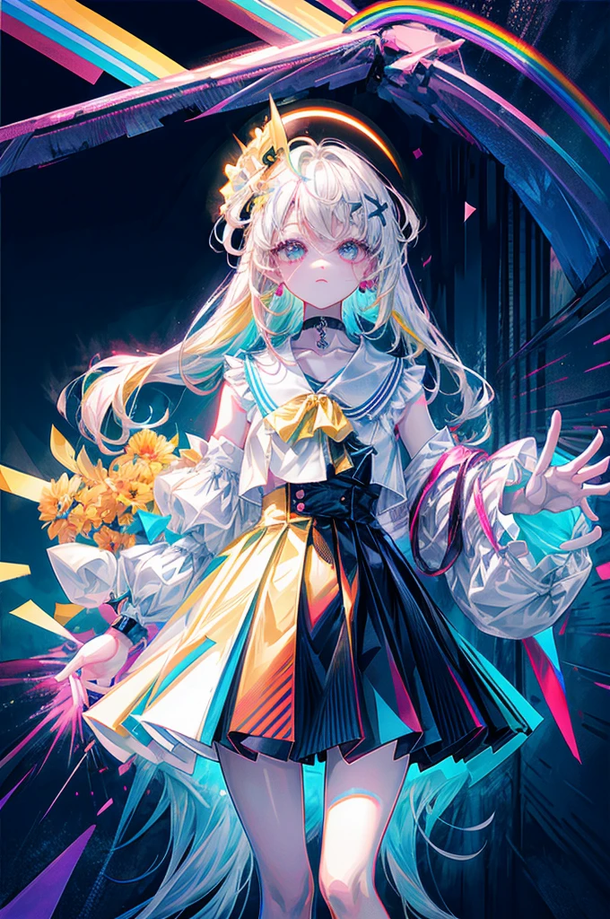 rainbows、Irridescent color、colourfull、top-quality、超A high resolution、(Photorealsitic:1.4)、Female 1 Person、Sleeveless white buttoned shirt、Black skirt、Black Choker、cute little、(Kpop Idle)、(attractiveness:1)、(Platinum Blonde Hair:1)、((Puffy eyes))、Look at the viewer、full body Esbian、Facing the front