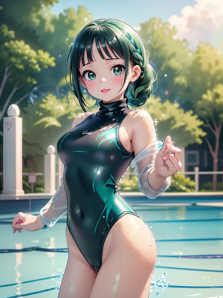 Highest quality、High resolution、Detailed Background、(Beautiful face in every detail:1.4)、Anatomically correct、(Detailed facial expressions)、(fine grain:1.2)、age Beauty、One Girl、Cute black hair、Beautiful, clear, deep blue eyes、Braided Ponytail、Braided bob cut、primary school, Junior competitive swimmer, ((Turtleneck one piece swimsuit:1.4)), (Simple design without patterns), (Clear metallic green swimsuit:1.5), (natural make up:1.5), (pink lips:1.5), (full lips:1.5), (parted_lips), (toothless smile)), Outdoor swimming pool、My hair is dancing in the strong wind、Watching the audience、Hands don't hold anything、Smiling Quietly、((Chest close-up))