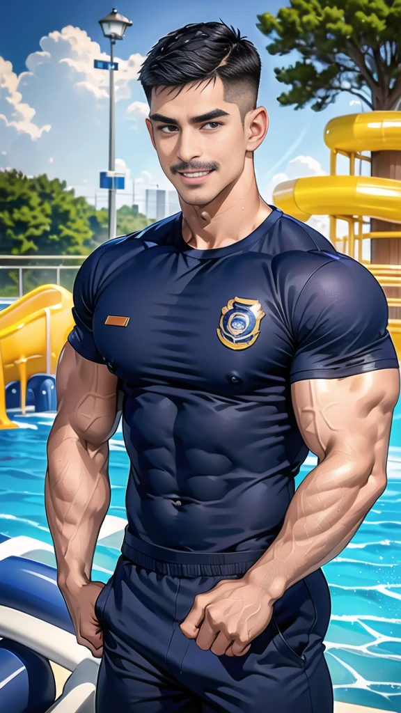 (handsome Man),(Thin mustache:1.1),(crew cut short hair:1.5),black eye,
(navy blue tight-fitting round neck short sleeve T-shirt:1.3),(Police badge:1.3),navy blue cargo pants,(navy_gloves:1,3),
Korean guy,chest muscles,large arm muscles,blood vessel,Big muscles,Broad shoulders,(open mouth:1.2),(face up:1.2),(open eyes:1.5),middle of the road,smile,(water park:1.4),