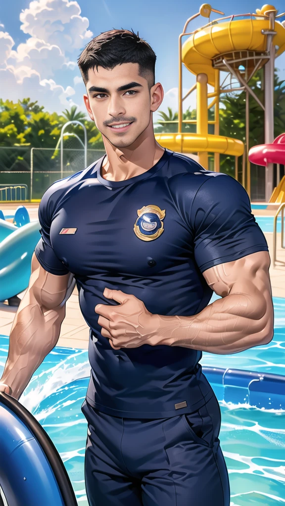 (handsome Man),(Thin mustache:1.1),(crew cut short hair:1.5),black eye,
(navy blue tight-fitting round neck short sleeve T-shirt:1.3),(Police badge:1.3),navy blue cargo pants,(navy_gloves:1,3),
Korean guy,chest muscles,large arm muscles,blood vessel,Big muscles,Broad shoulders,(open mouth:1.2),(face up:1.2),(open eyes:1.5),middle of the road,smile,(water park:1.4),