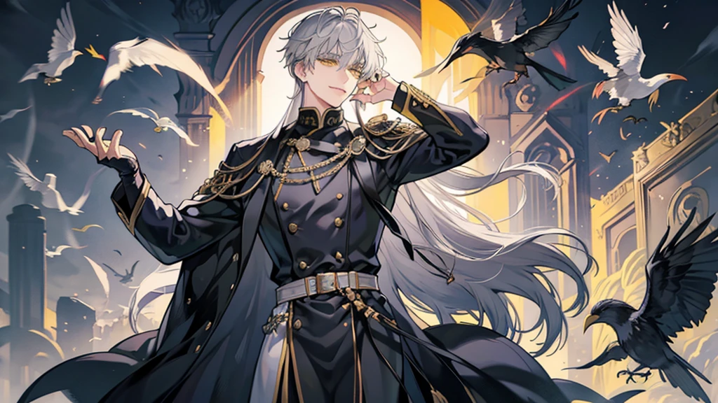Yellow Eyes, beautiful young man, Gray Hair, Long Hair, Lift your bangs, amount, Long Cut Eye, Wicked Smile, black rock costume, beautiful, good looking, nice, good looking, Background concrete wall, Bird's-eye view, squat, Grin, high quality, Draw Amount, Pixiv illustration