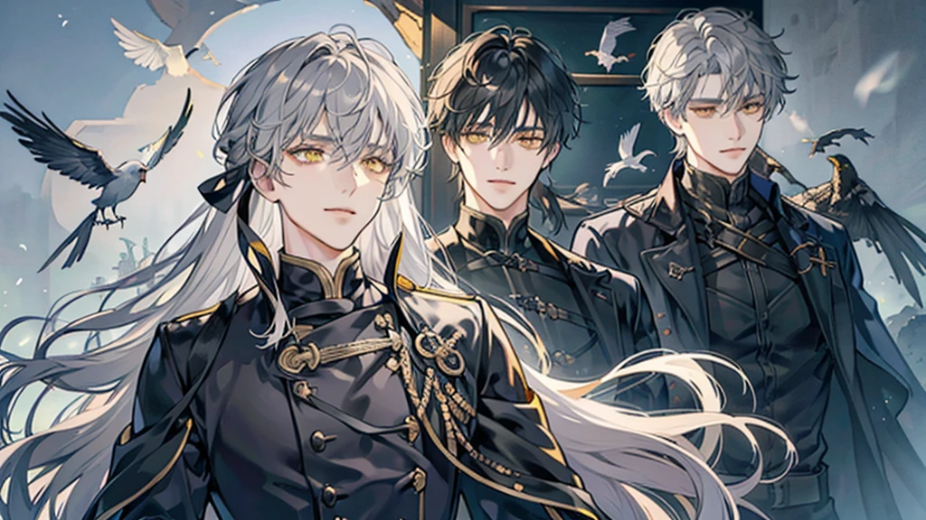 Yellow Eyes, beautiful young man, Gray Hair, Long Hair, Lift your bangs, amount, Long Cut Eye, Wicked Smile, black rock costume, beautiful, good looking, nice, good looking, Background concrete wall, Bird's-eye view, squat, Grin, high quality, Draw Amount, Pixiv illustration