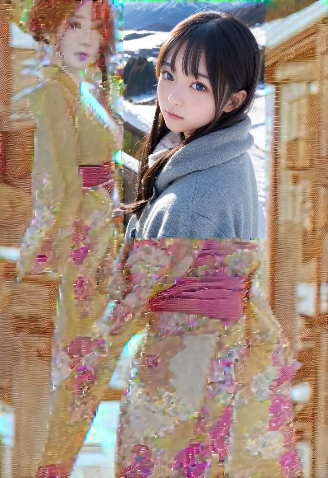 Wear a traditional kimono from Japan。Ponytail tied with a red ribbon。The chest is open like a dress。large breasts are emphasized。