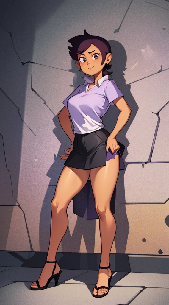 Luz Noceda, massive breasts, cleavage, ((purple and white small shirt and a black stripped miniskirt)), high quality fanart, open legs Style, official fanart, , official art, (nsfw), barefoot, ((open-toe platform high heels))