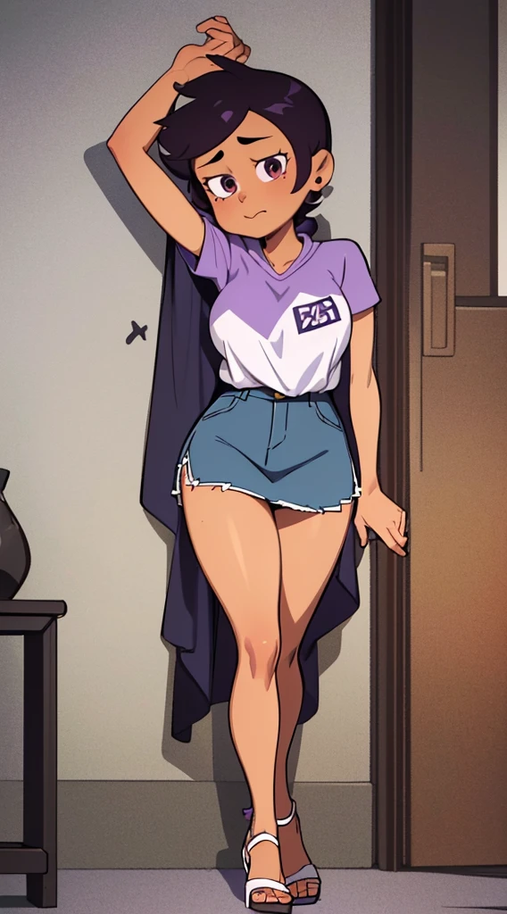 Luz Noceda, massive breasts, cleavage, ((purple and white small shirt and a black stripped miniskirt)), high quality fanart, open legs Style, official fanart, , official art, (nsfw), barefoot, ((open-toe platform high heels))