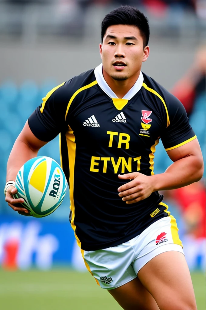 Picture of a handsome Asian rugby player with short hair and no beard.