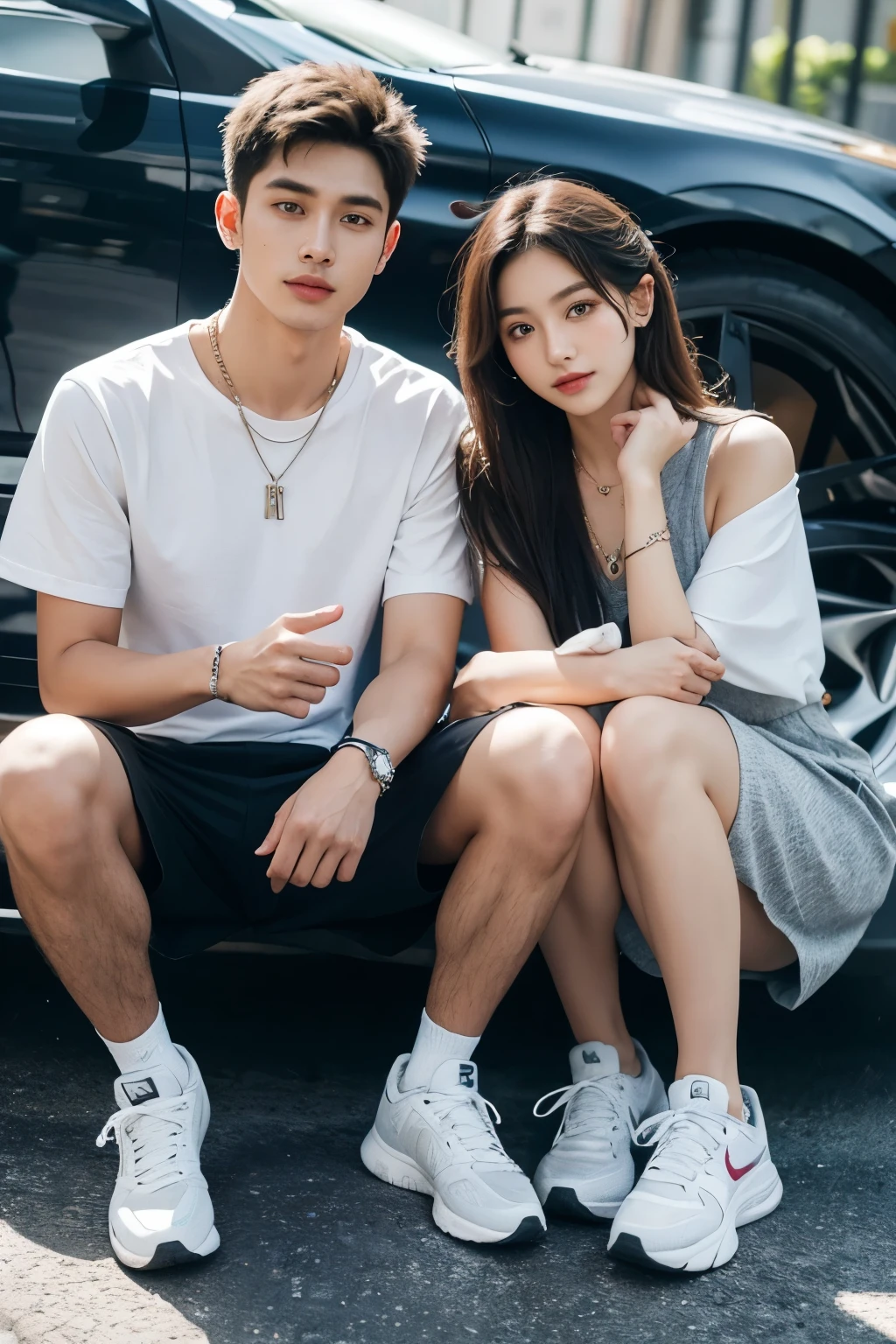 Transcendent handsome boys and super cute gal girls, Couple love, 4K, ighly detailed, Realistic, Necklace, Many bracelets, NIKE Shoes, Full body, 25 years old, Photoquality、4Kcorrespondence、 grey theme, Fancy