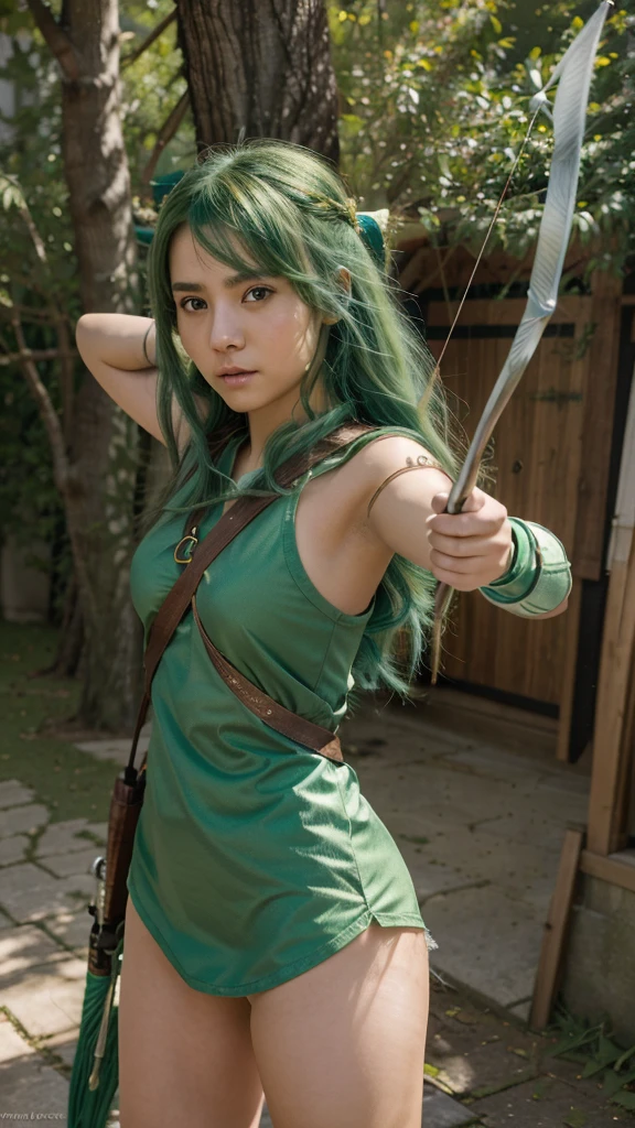 realisitic, 4K, High definition, Fuu is an exemplary student, with green hair that resembles tree leaves. Your brown eyes are always curious and observant. As the Wind Magic Warrior, your green armor is light and aerodynamic. She wields a bow with precision, shooting arrows that cut through the air like gusts of wind.