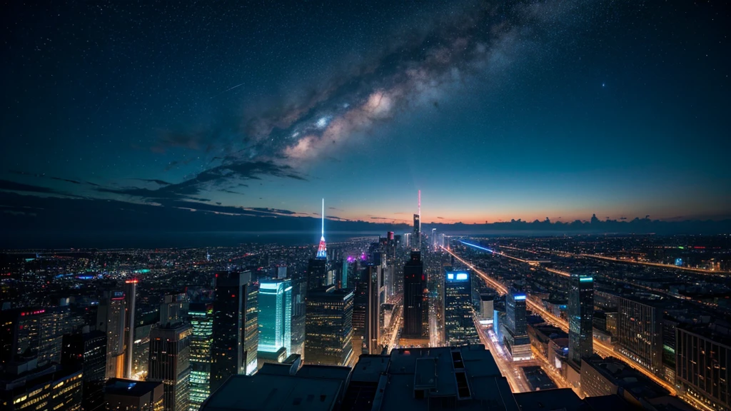 Wonderful landscape、Highest quality、Cityscape、Including sky、Starry Sky、night、Big Moon、Moonlit cityscape、building、There are no people, Makoto Shinkai's Worldview, 8K quality, Neon glows, Breathtakingly beautiful scenery,