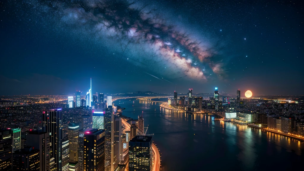 Wonderful landscape、Highest quality、Cityscape、Including sky、Starry Sky、night、Big Moon、Moonlit cityscape、building、There are no people, Makoto Shinkai's Worldview, 8K quality, Neon glows, Breathtakingly beautiful scenery,