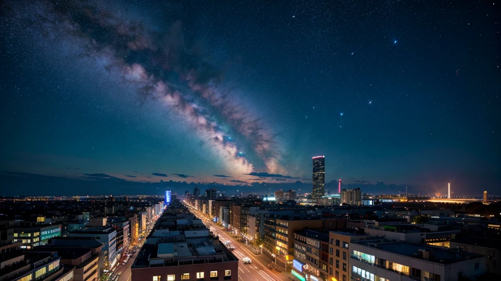 Wonderful landscape、Highest quality、Cityscape、Including sky、Starry Sky、night、Big Moon、Moonlit cityscape、building、There are no people, Makoto Shinkai's art style, 8