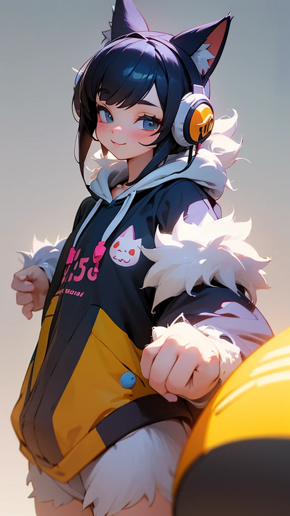 Cute cat with fluffy fur wearing one hoodie and headphones, The background is modern and inorganic, Adorable digital painting, 3D Rendering, Bright lighting, Vibrant colors,