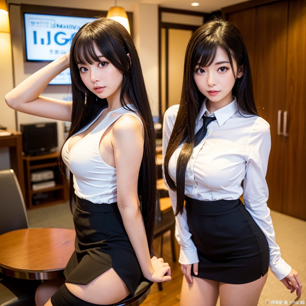 ((Two women standing side by side:1.3))、2 women))、((Woman with nipple clips、Woman wearing a nipple necklace))、((Highest quality、 masterpiece、 Photorealistic、 Super detailed、 超High resolution、 born:1.3))、((High resolution、8K、masterpiece:1.2))、High Detail、((Super detailed))、((Young face))、((Small breasts))、Flat Lighting、Realistic Background、Slim Waist、Japanese、nsfw、(naked:1.3) 、Bunny ears、playboy bunny 、black bunny girl headband 、Beautiful nipples、(Beautiful pussy)、Perfect nipples、(An empty coffee shop at night)、(全naked)、Highly detailed nipples、Narrow waist、Very smooth skin、Fishnet tights、Knee-high boots、Knee Shot、hand up、Standing、Happy Smile、