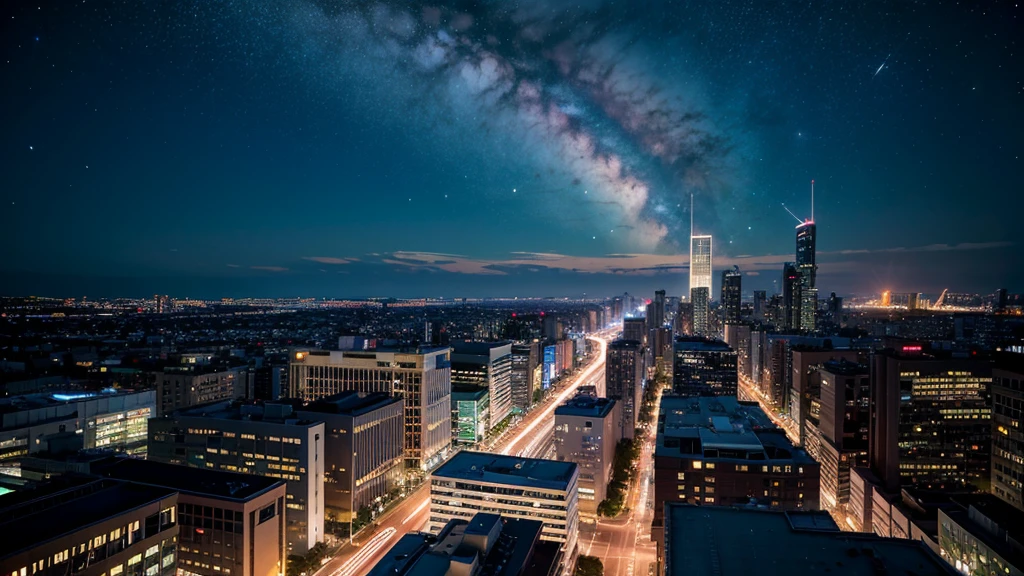 Wonderful landscape、Highest quality、Cityscape、Including sky、Starry Sky、night、Big Moon、Moonlit cityscape、building、There are no people, Makoto Shinkai's art style, 8