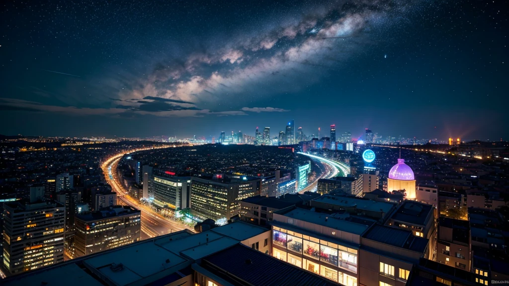 Wonderful landscape、Highest quality、Cityscape、Including sky、Starry Sky、night、Big Moon、Moonlit cityscape、building、There are no people, Makoto Shinkai's art style, 8