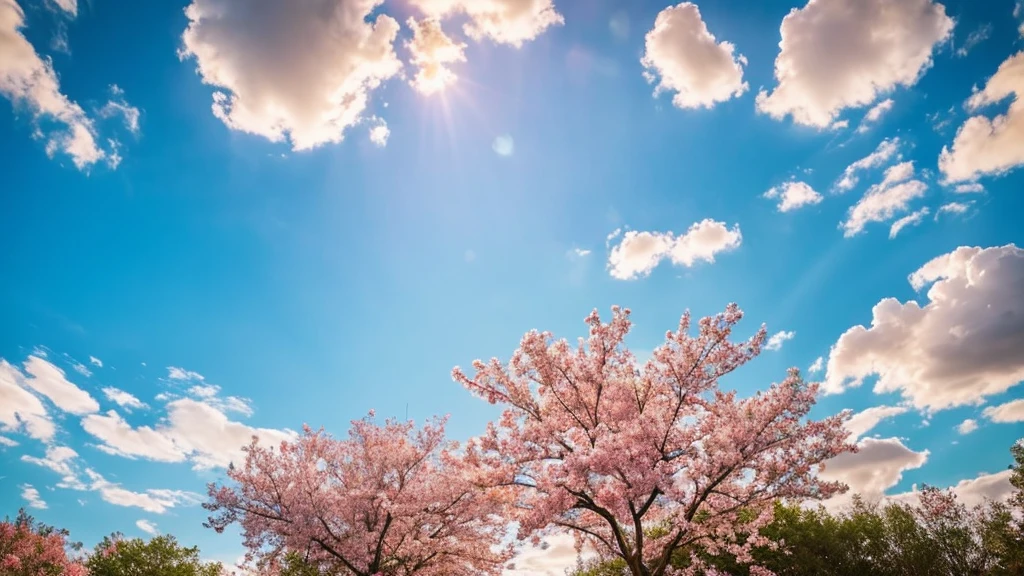 Under the expanse of blue sky, Vibrant flowers reach out towards the sun, Pink and white petals open. When the golden sun begins to rise、Fluffy clouds float leisurely in the background, Casting a warm glow on the tranquil landscape. This great photo is、It captures the essence of a serene morning., Where nature awakens in a symphony of color and light. Crisp and vivid details, Inviting viewers to immerse themselves in the beauty of the beginning of a new day.