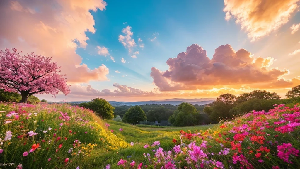 Under the expanse of blue sky, Vibrant flowers reach out towards the sun, Pink and white petals open. When the golden sun begins to rise、Fluffy clouds float leisurely in the background, Casting a warm glow on the tranquil landscape. This great photo is、It captures the essence of a serene morning., Where nature awakens in a symphony of color and light. Crisp and vivid details, Inviting viewers to immerse themselves in the beauty of the beginning of a new day.
